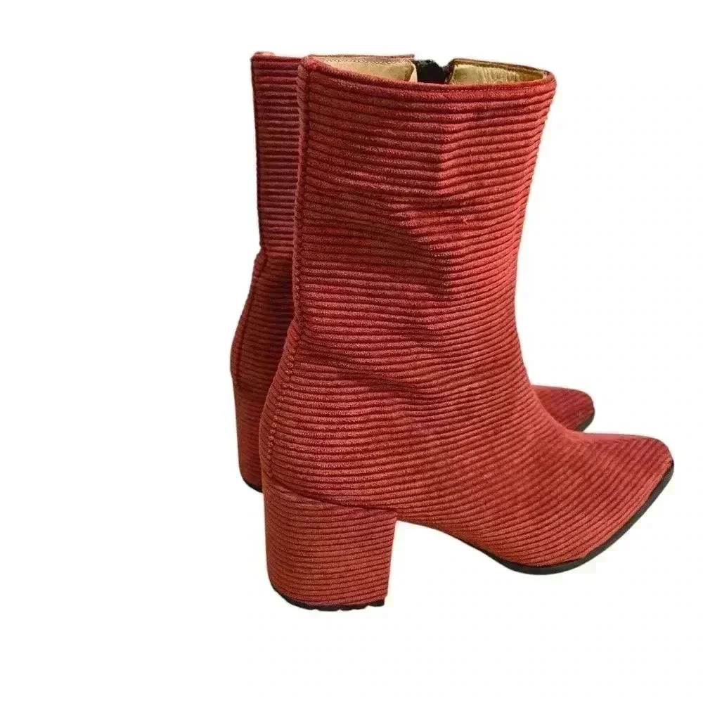 Sesto Meucci Corduroy Women Low Block Heel Boots Maroon Size 38 - Picture 2 of 7